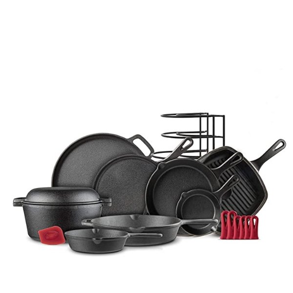 Cast Iron Cookware 11-Pc Set - 6" + 8" + 10" + 12" Skillet + Grill Pan&Lid + Griddle + Pizza Pan + Dutch Oven & Lid + Panrack + Silicone Handle Covers + Scraper/Cleaner 