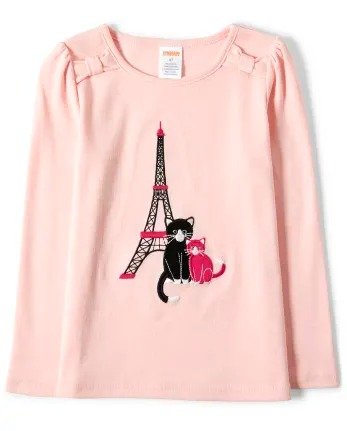 Girls Long Sleeve Embroidered Eiffel Tower Cat And Bow Top - Puuurfect Paris