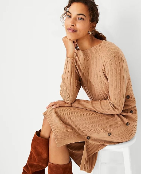 Side Button Ribbed Midi Sweater Dress | Ann Taylor