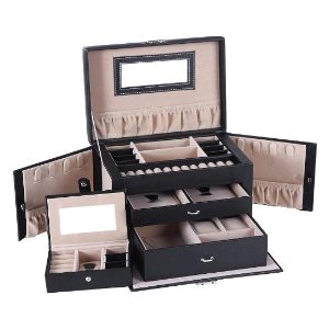 Songmics Black Leather Jewelry Box w/ Travel Case and Lock Storage Case Organizer UJBC121B