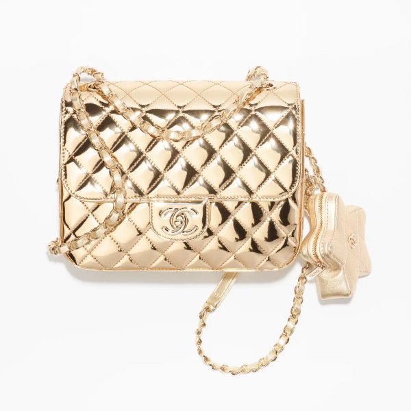 Backpack & star coin purse, Mirror calfskin, metallic calfskin & gold-tone metal, light gold — Fashion | CHANEL