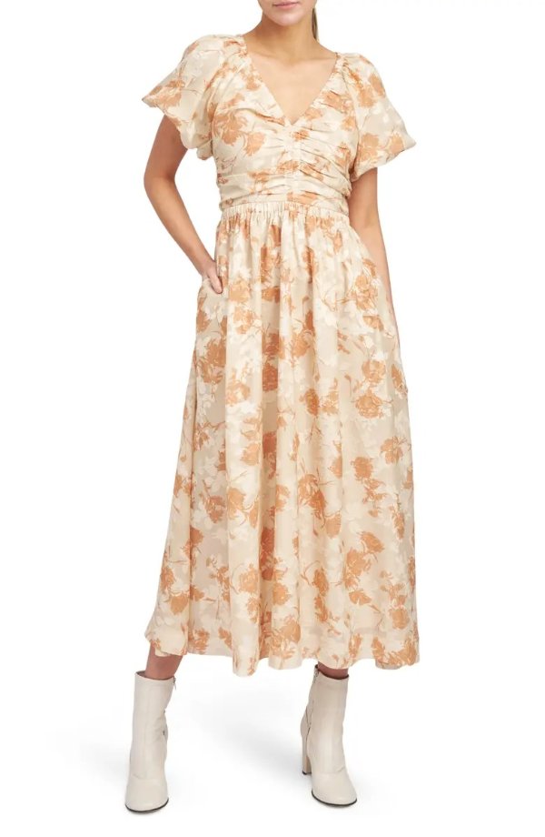 Florence Ruched Floral Midi A-Line Dress