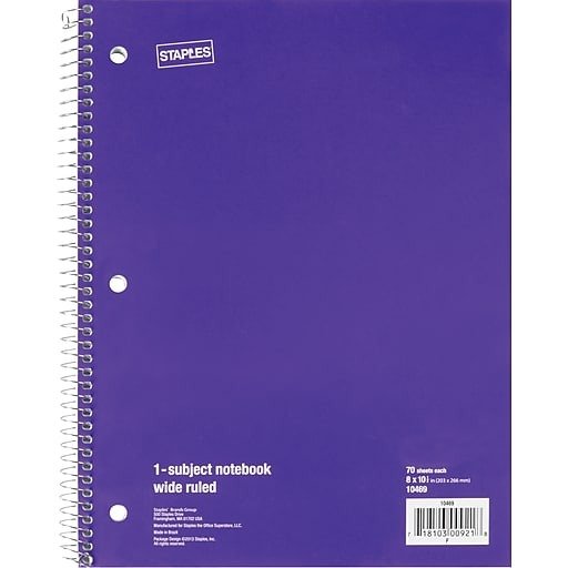 ® 1 Subject Notebook, Wide Ruled, 8" x 10-1/2", Purple
