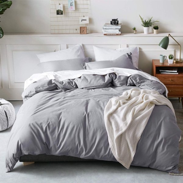 100% Washed Cotton Duvet Covers King Size - Grey Comforter Cover Set 3 Pieces (1 Duvet Cover + 2 Pillow Shams)