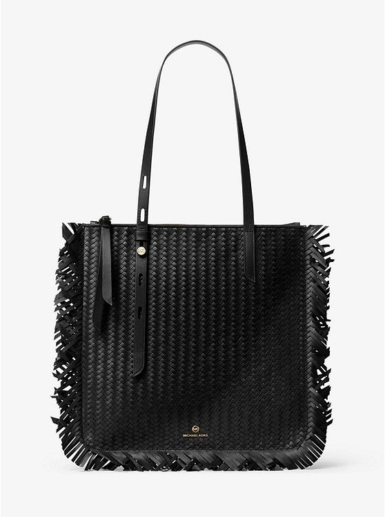 Tompkins Large Woven Leather Fringed Tote Bag