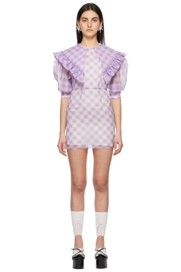SHUSHU/TONG Purple Check Peaked Collar Dress