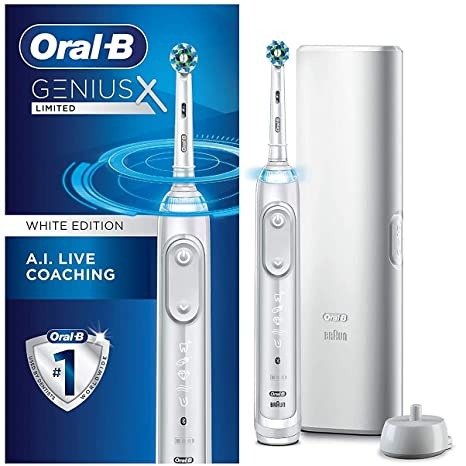 Genius X Limited, Electric Toothbrush with Artificial Intelligence, 1 Replacement Brush Head, 1 Travel Case, White