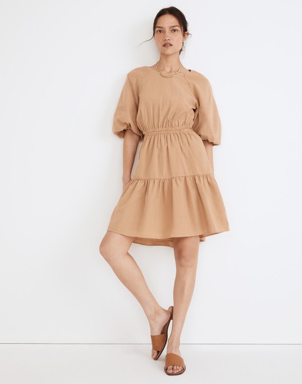 Seersucker Puff-Sleeve Cutout Mini Dress