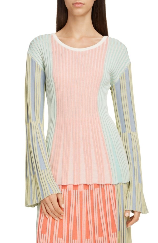 Colorblock Ribbed Bell Sleeve Sweater