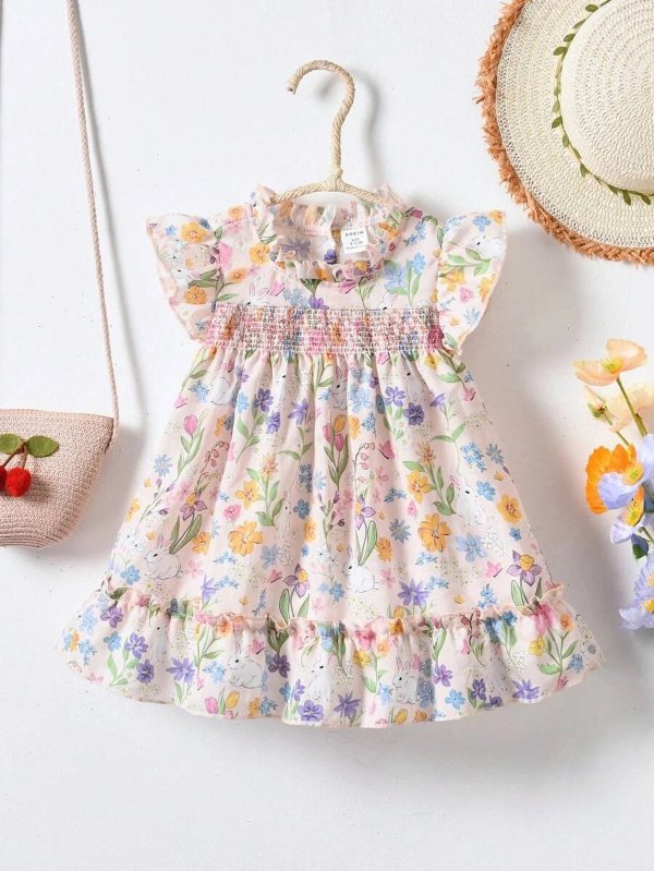 Baby Girl Floral & Rabbit Print Ruffle Trim Dress