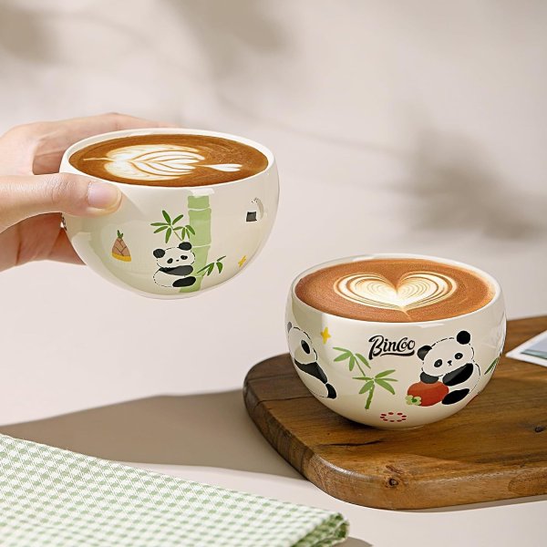 Ceramic Cappuccino Cup Set of 2,Cute Latte Cup 220ML Coffee Cups for Latte, Espresso, Tea (Panda 2)