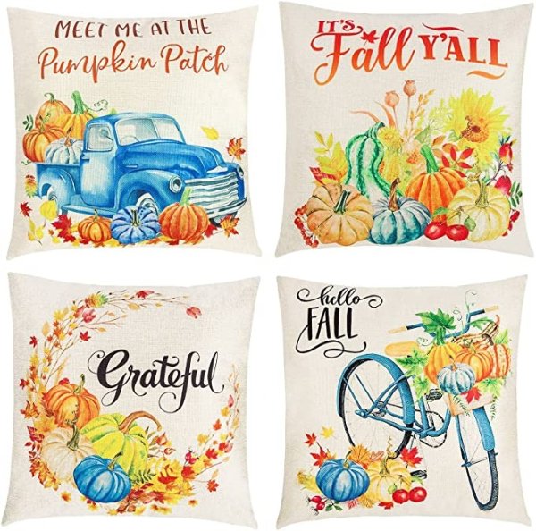 Fall Pillow Covers 18x18 Set of 4, Pumpkin Pillow Covers Fall Outdoor Pillows, Farmhouse Autumn Pillow Covers Decorative Linen Throw Cushion Cases for Home Thanksgiving Decor