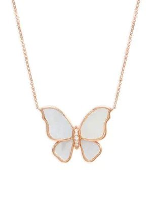 14K Rose Gold, Mother-Of-Pearl & Diamond Butterfly Pendant Necklace