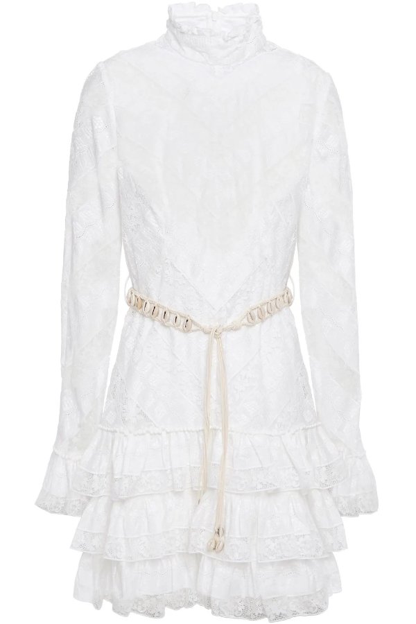 Belted tiered embroidered voile and lace mini dress