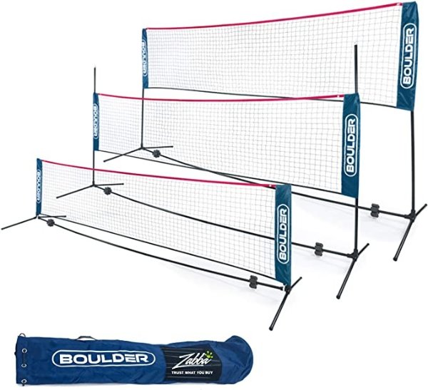 Boulder Portable Badminton Net Set - for Tennis, Soccer Tennis, Pickleball, Kids Volleyball - Easy Setup Nylon Sports Net with Poles- Blue/Red