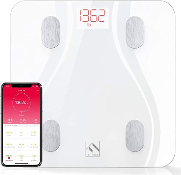 FITINDEX Smart Body Fat Scale with Upgraded App, High Precision Bathroom Scales Digital Weight and Body Fat Body Composition Monitor, 396lb/180kg, White