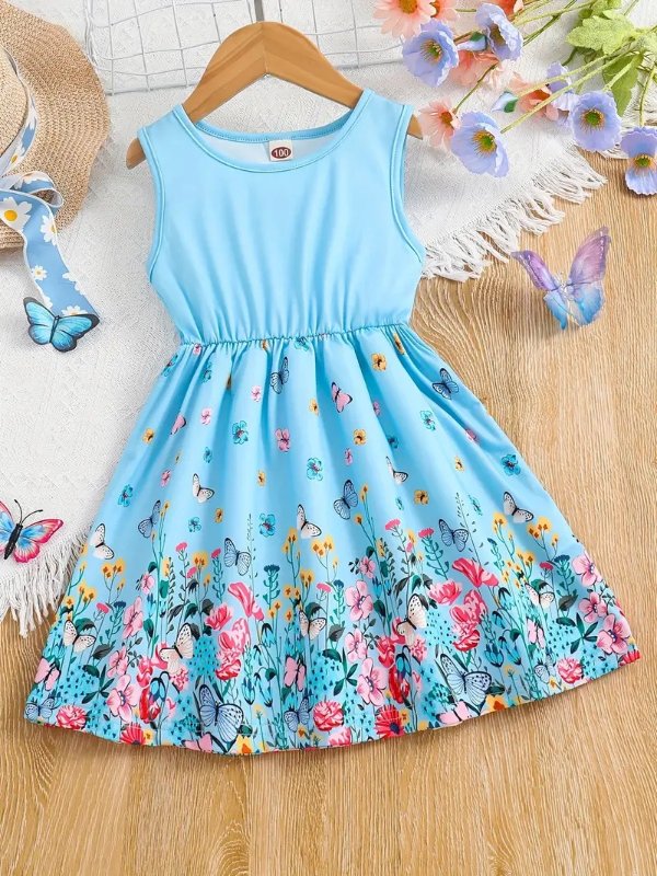Toddler Girls Sleeveless Butterfly & Flowers Graphic Princess Dress For Party Beach Vacation Kids Summer Clothes