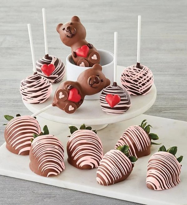 巧克力涂层草莓和棒棒糖礼盒