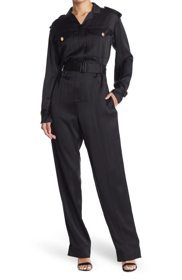 Black Long Sleeve Belted Silk Jumpsuit