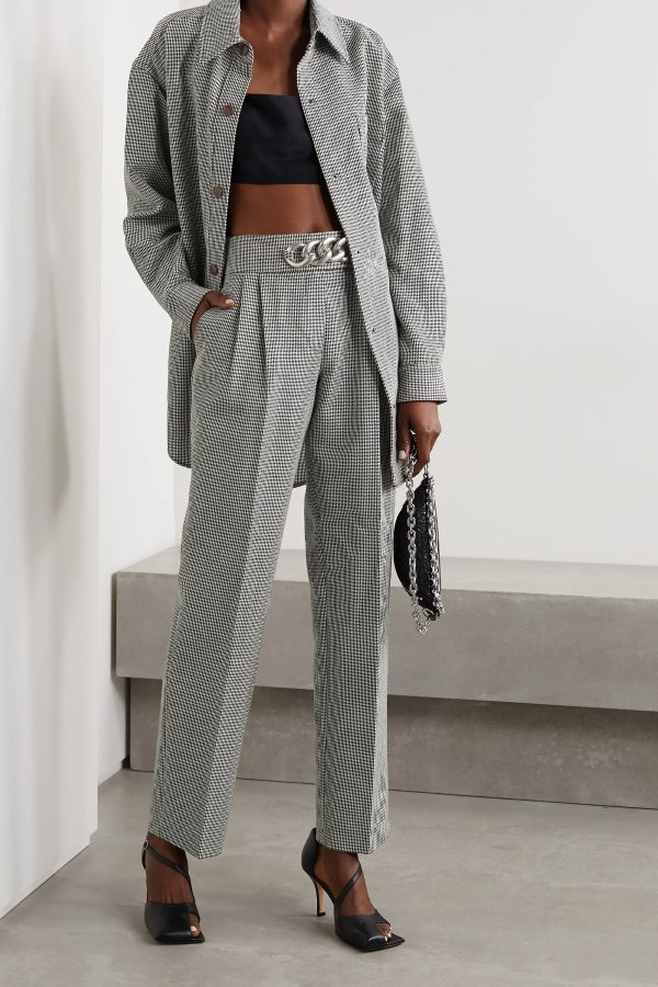 Chain-embellished houndstooth wool-blend straight-leg pants