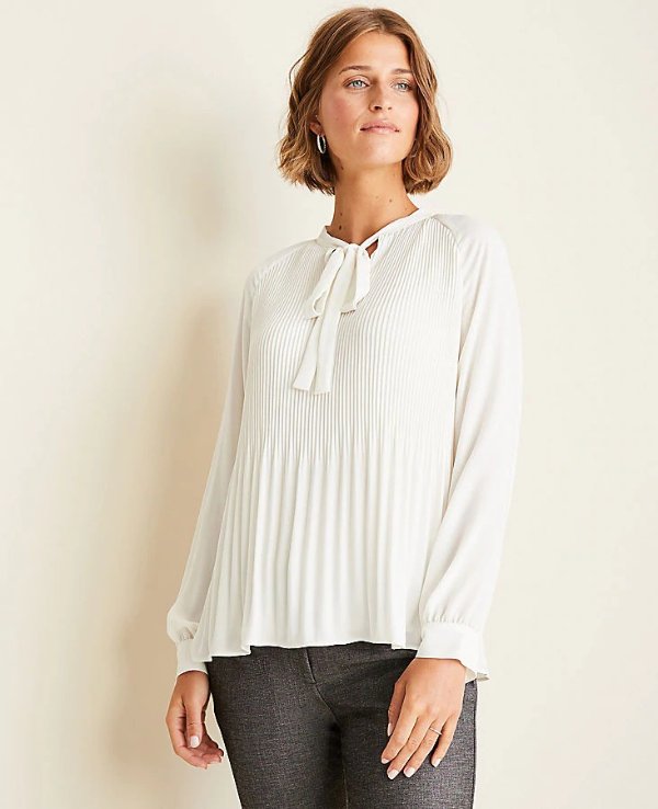 Pleated Tie Neck Blouse | Ann Taylor
