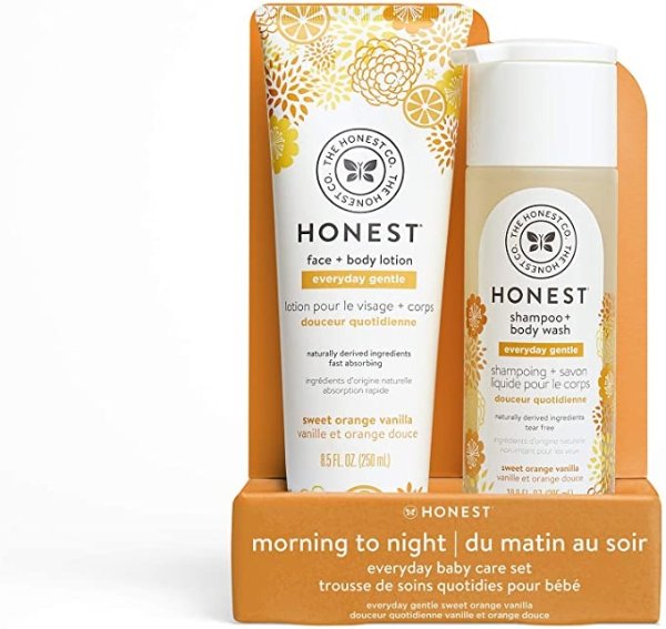 Honest Company 2Piece Sweet Orange Vanilla Shampoo + Body Wash (10 Fl. Oz.) Face + Body Lotion (8.5 Fl. Oz.) Bundle | Tear Free | Naturally Derived Ingredients | sulfate & Paraben Free Baby Bath