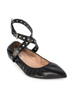 Garavani Love Latch Grommeted Leather Ankle-Wrap Ballet Flats