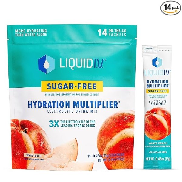 Sugar-Free Hydration Multiplier - White Peach – Powder Packets | Electrolyte Drink Mix | Easy Open Single-Serving Stick | Non-GMO | 14 Sticks