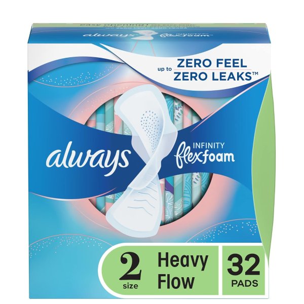 Infinity Feminine Pads for Women, Size 2 Heavy Flow Absorbency,with Flexfoam, with Wings, Unscented, 32 Count