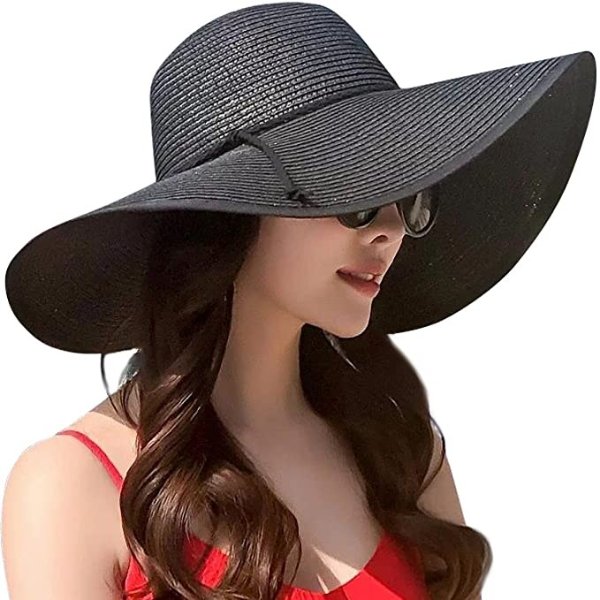 Womens 5.5 Inches Big Bowknot Straw Hat Large Floppy Foldable Roll up Beach Cap Sun Hat UPF 50+