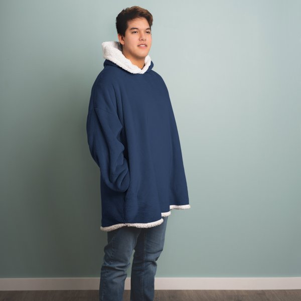 Wearable Sherpa Hoodie Throw Blanket, One Size 35" x 33", Indigo