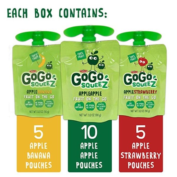Applesauce on the Go, Variety Pack (Apple Apple/Apple Banana/Apple Strawberry), 3.2 Ounce (20 Pouches), Gluten Free, Vegan Friendly, Healthy Snacks, Unsweetened, Recloseable BPA Free Pouch