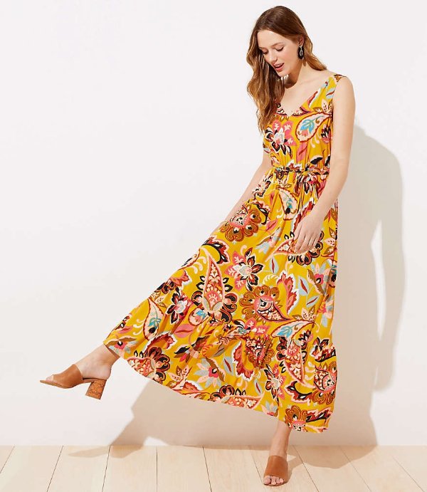 Paisley Floral Tie Waist Maxi Dress | LOFT