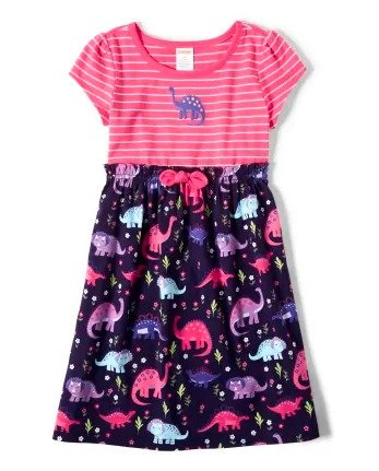 Girls Short Sleeve Striped And Dino Print Knit Dress - Hello Dino