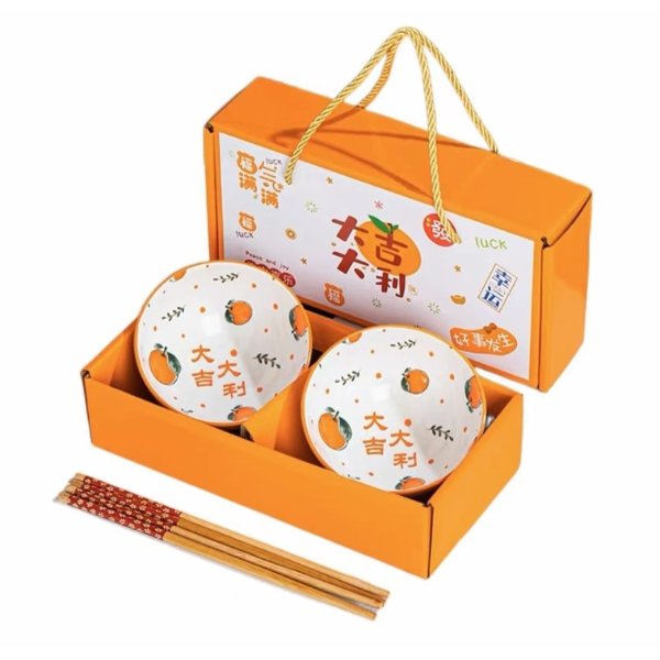 Orange Rice Bowls 2 Pcs with 2 Chopsticks