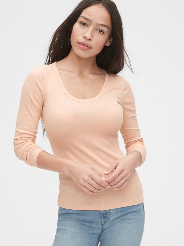 Scoopneck Long Sleeve Ribbed T-Shirt
