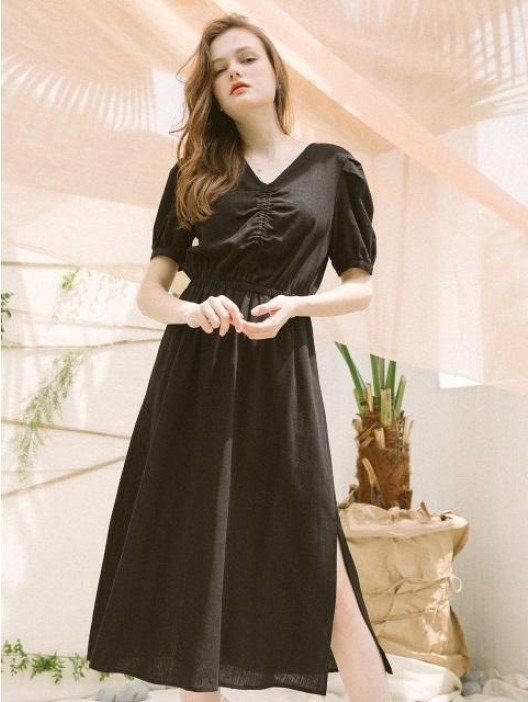 [US] Shirring Maxi Dress_Black