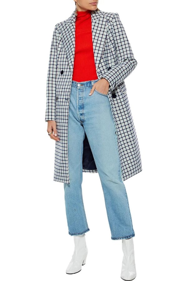 Double-breasted checked twill coat
