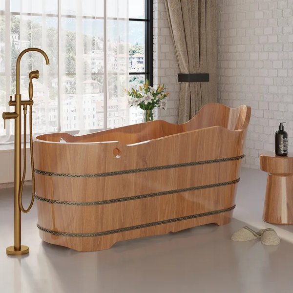 59" Japanese Oak Wood Soaking Bathtub Freestanding Modern Natural Bathtub-Homary