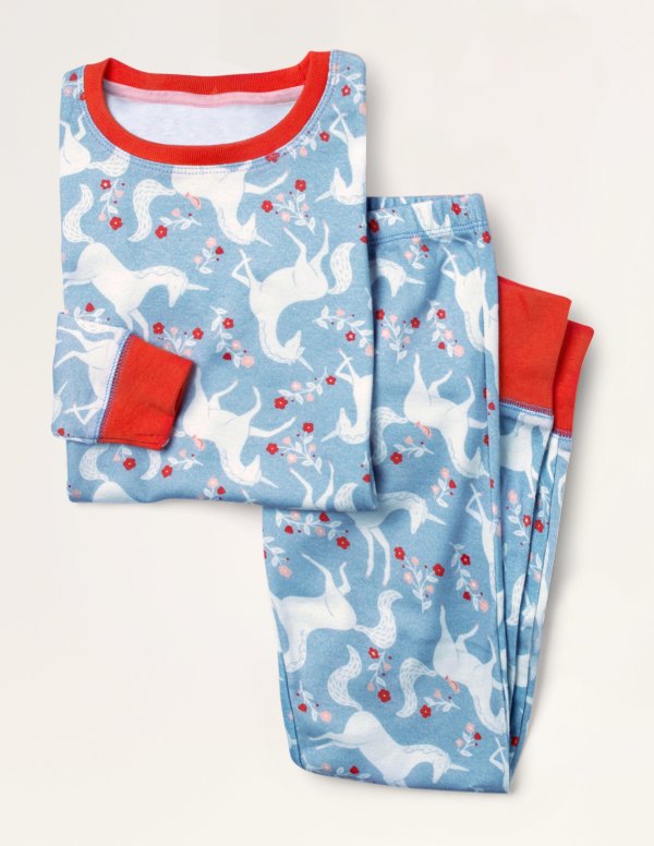 Cosy Long John Pajamas - Frosted Blue Unicorn Floral | Boden US