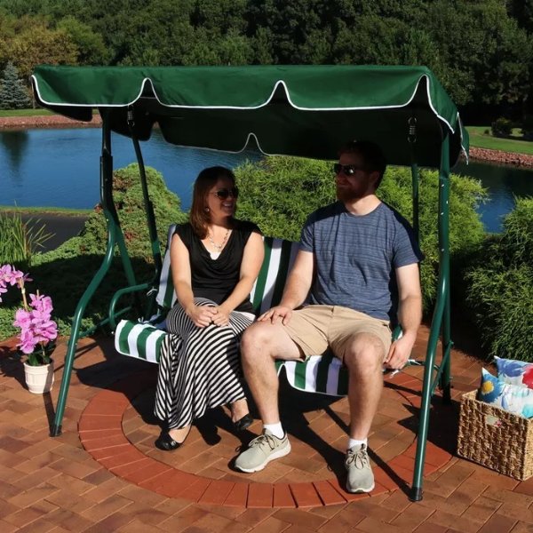 2-Person Steel Frame Porch Swing with Adjustable Canopy - Green Stripe - Sunnydaze Decor