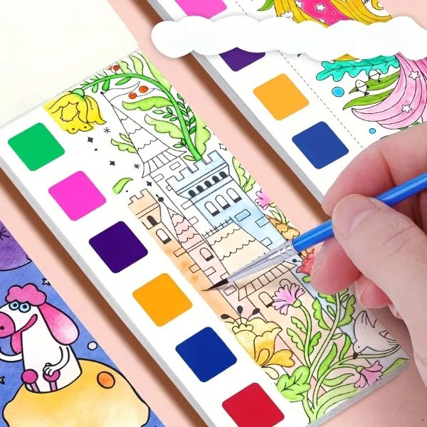 Kid's Holiday-Themed Watercolor Coloring Books -12pc Set with Paint Pens, Educational Art Gift