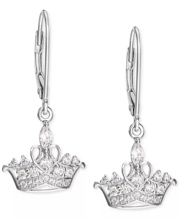 Cubic Zirconia Princess Tiara Drop Earrings in Sterling Silver