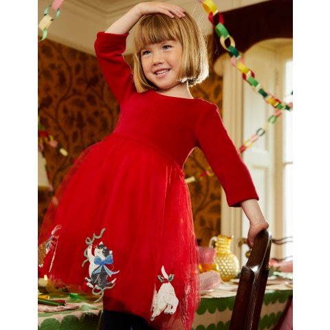 BodenApplique Velvet Tulle DressRouge Red Cats