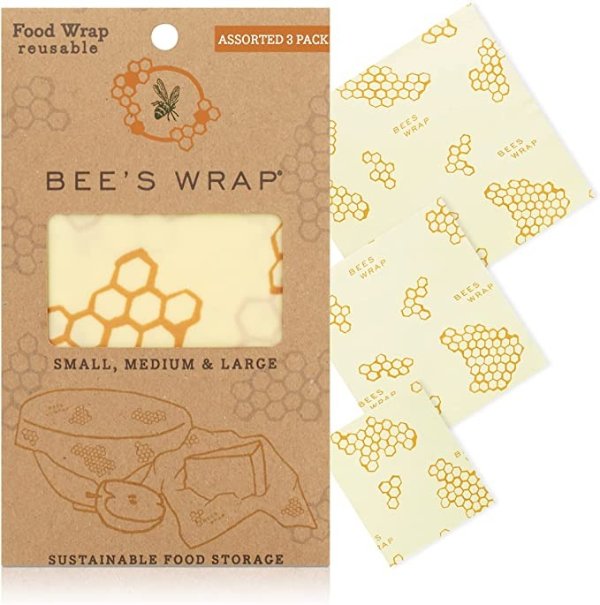 Bee’s Wrap – Assorted Set of 3 – Certified B Corporation – No Synthetic Wax or Chemicals – Holds for Up to a Year – Sustainable and Reusable Beeswax Food Wraps with Jojoba Oil – 3 Sizes (S, M, L)