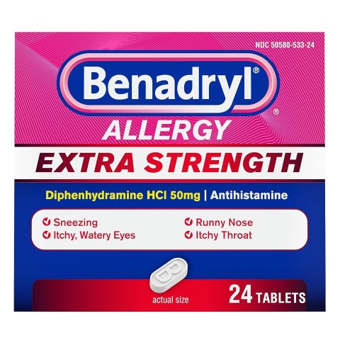 Benadryl Allergy Relief Tablets, Extra Strength, Antihistamine with 50 mg of Diphenhydramine HCl, Relief of Cold & Allergy Symptoms like Runny Nose, Itchy Eyes & More, 24 count
