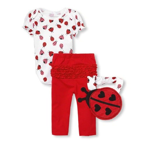 Baby Girls Short Sleeve Lady Bug Bodysuit Leggings And Bib 3-Piece Playwear Set