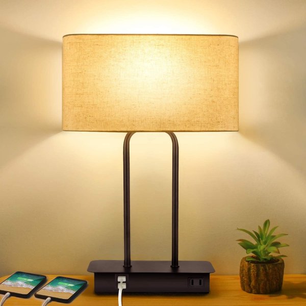 BesLowe 3-Way Dimmable Touch Control Table Lamp with 2 USB Ports and AC Power Outlet