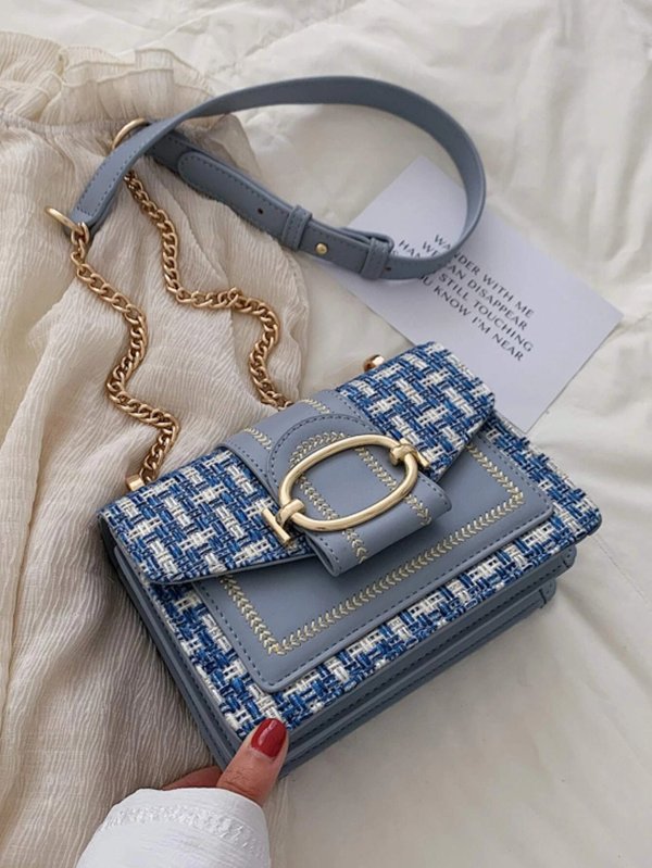 Color Block Plaid Mini Square Women's Shoulder Bag With Chain Strap And  Buckle Lock, Crossbody Bag