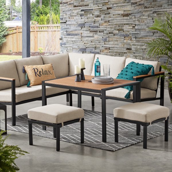 Oakleigh 4-Piece Outdoor Patio Sectional Dining Set, Seats 6, with Olefin Cushions, Beige